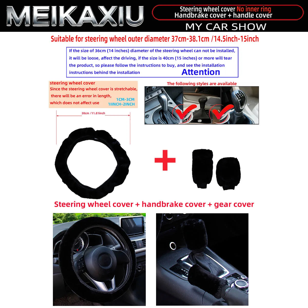 3PCS winter black and pink plush warm car non-ring steering wheel cover, handbrake cover, gearshift cover, women's style