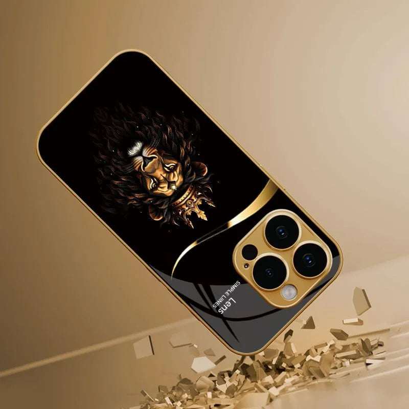 Cool Crown Lion Pattern Gold Metallic Paint Glass Phone Case For iPhone 11 12 13 14 15 16 17 Pro Max 14 Plus 17 Air 16E Cover
