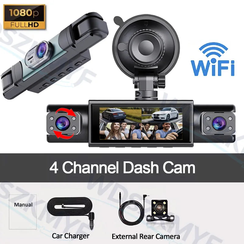 4CH Dash Cam FHD 1080P WiFi Video Recorder Car DVR 3Cam Night Vision Front left right Rear Black Box 24H Parking Loop Recording