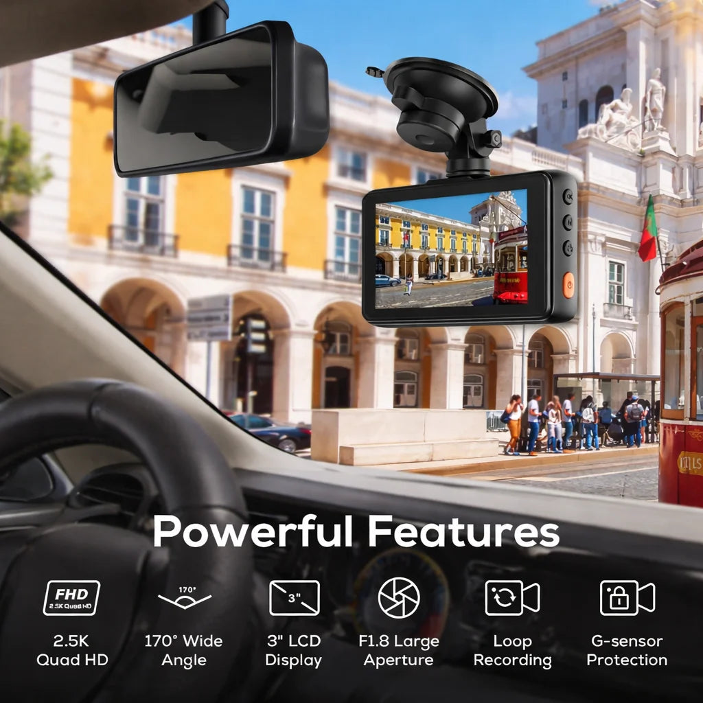 2.5K Dash Cam, 1440P QHD, 3” IPS, Night Vision, 170° Wide Angle, G-Sensor, 24H Parking Mode, Type C Car Mobile World