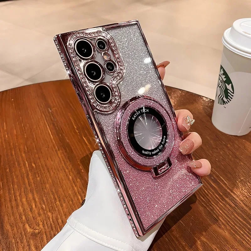 S26Ultra Glitter Bracket Case For Samsung Galaxy S25 S24 S23 S22 Ultra S26 Plus A55 A52S A15 Magnetic Diamond Shockproof Cover Car Mobile World