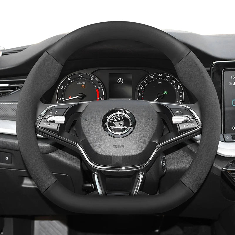 Suitable for Skoda Suede Matte Carbon Fiber Texture Steering Wheel Cover Suitable for Octavia 2 3 A7 1 Superb Roomster A5 Rapid Karoq Yeti Spaceback Fabia Monte Carlo Mk3 Accessories CM World