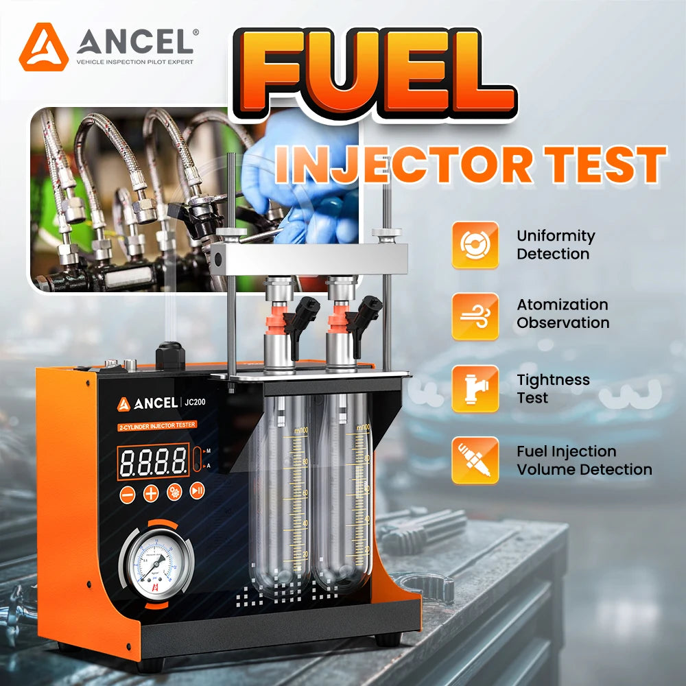 ANCEL JC200 Fuel Injector Cleaning Tester Machine for Car Motorcycle 2-Cylinders Pressure Adjustment Built-in Air Pump 6V 12V