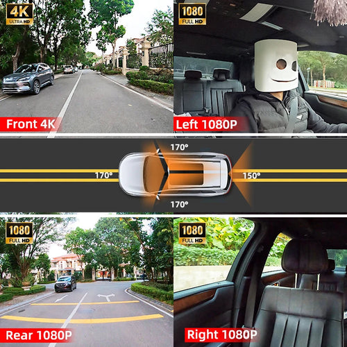 4K 360° 4-Channel Dash Cam with 5.8GHz WiFi & GPS | 4K Front+1080P Left/Right/Rear, 3" IPS Screen, Night Vision, Loop Recording Car Mobile World