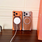 Luxury Metal Frame Walnut Wood Frameless Phone Case For iPhone 17 16 15 14 Pro Max Magsafe Magnetic 360 Rotating Bracket Cover