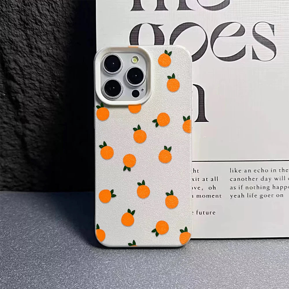 Lightweight Leather Cover For Iphone 14 Pro Max 13 12 11 17 16 15 17E Air Orange Flower Pattern Shockproof Soft Case
