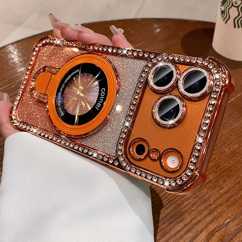 for Magsafe Bracket Case for iPhone 17 16 15 14 13 Pro Max Stand Holder Luxury Girl's Bling Diamond Bumper Camera Soft TPU Cover