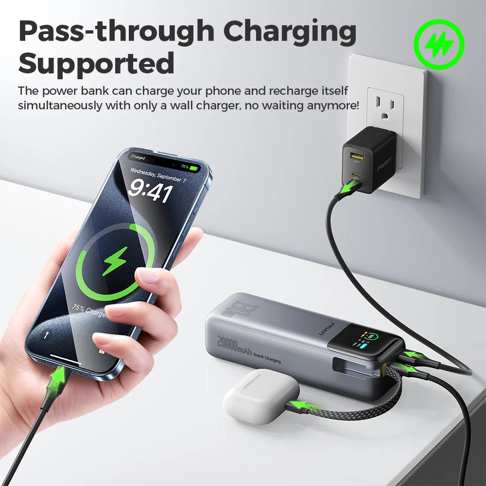 PISEN 130W Tablets Super Fast Charging Power Bank 20000mAh With Type C Cable External Battery for Laptop Notebook IPhone Macbook Car Mobile World