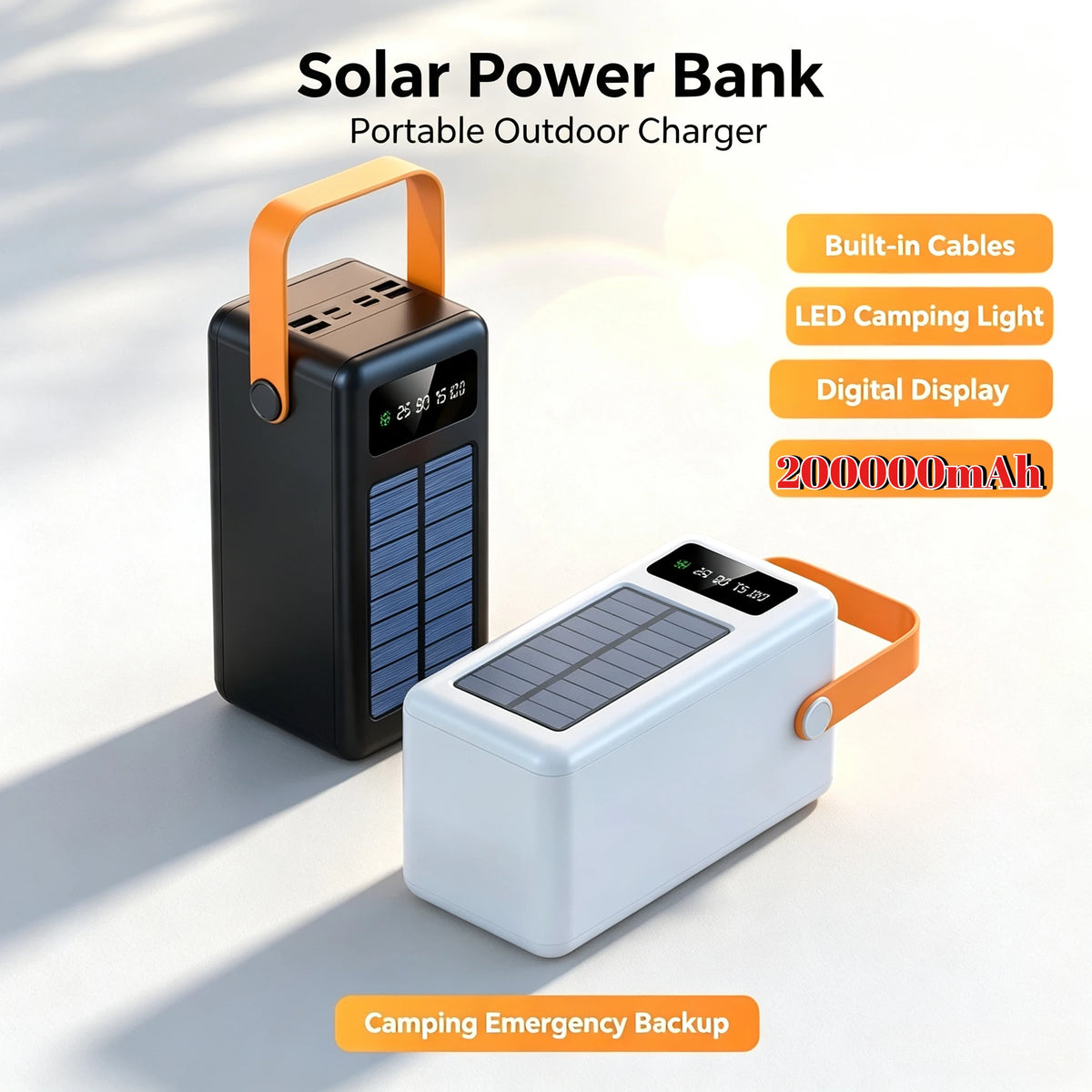 200000mAh Solar Panel Power Bank Fast Charging Portable Power Station External Battery Pack with Cable for Iphone Samsung Huawei