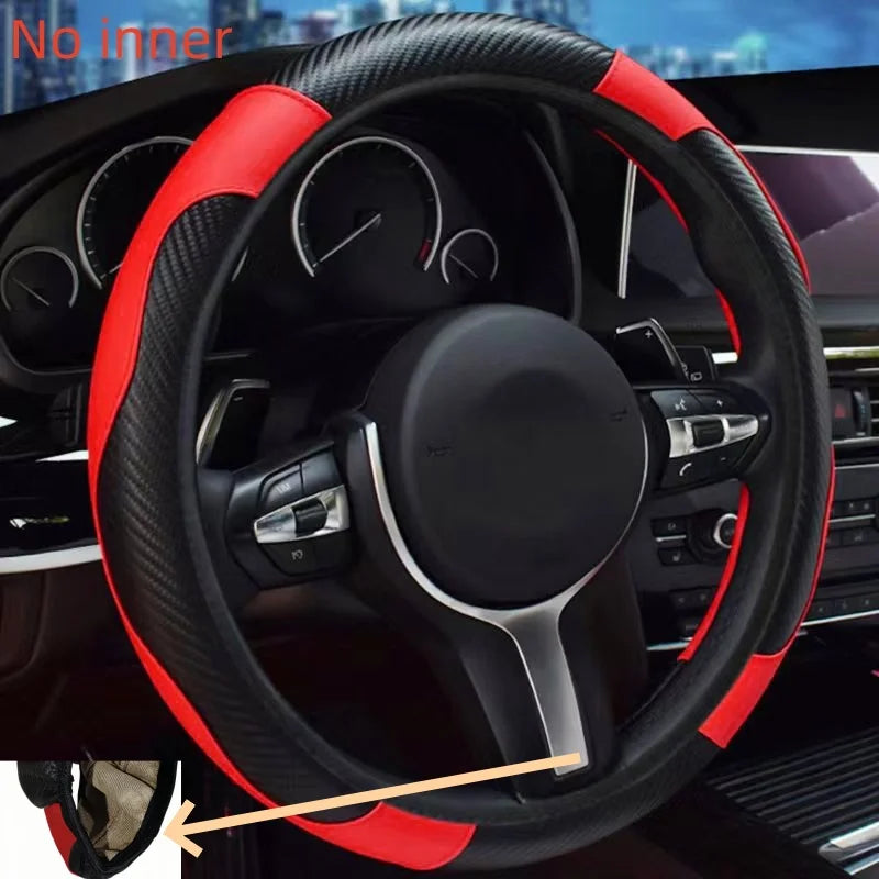 Carbon fiber pattern PU leather steering wheel cover with no inner ring design, full elasticity, anti slip and wear-resistant, m CM World