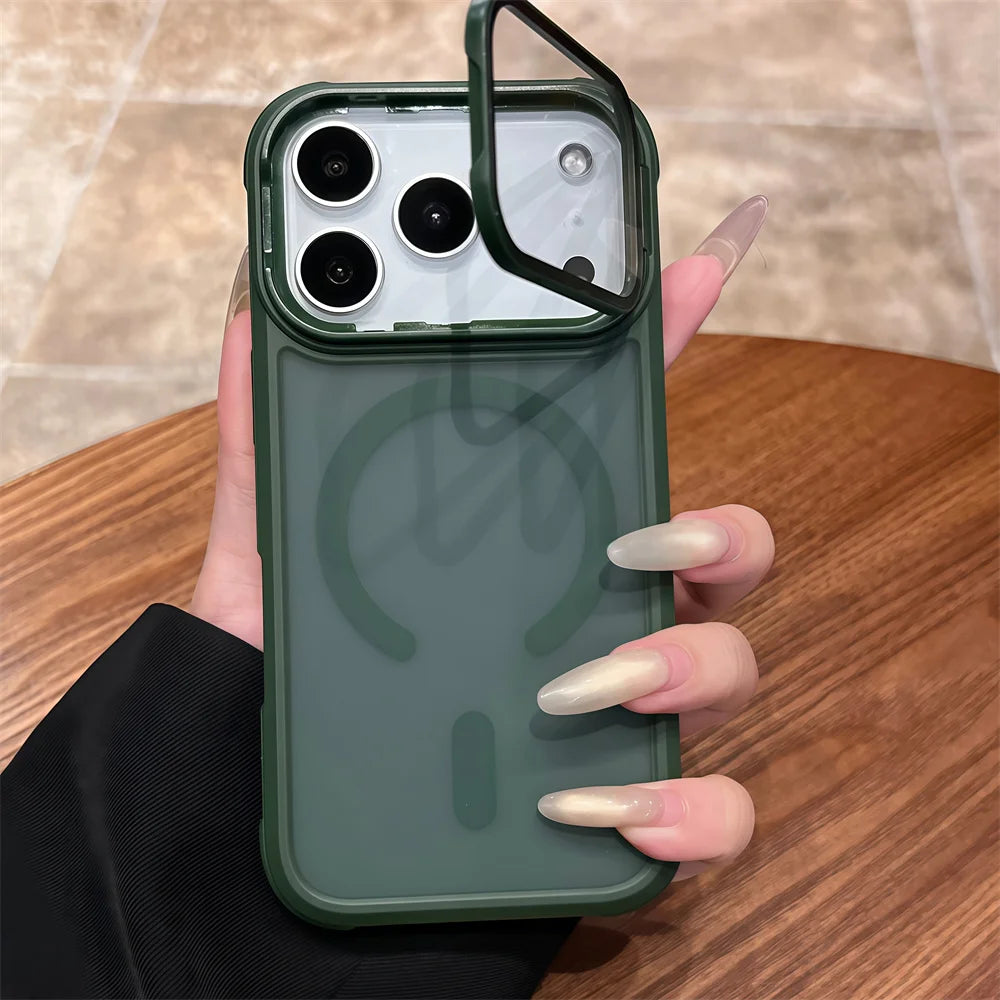 Full Lens Flip Stand For Magsafe Armor Magnetic Phone Case For iPhone 17 16 15 14 13 12 Pro Max Air Wireless Charge Matte Cover Car Mobile World