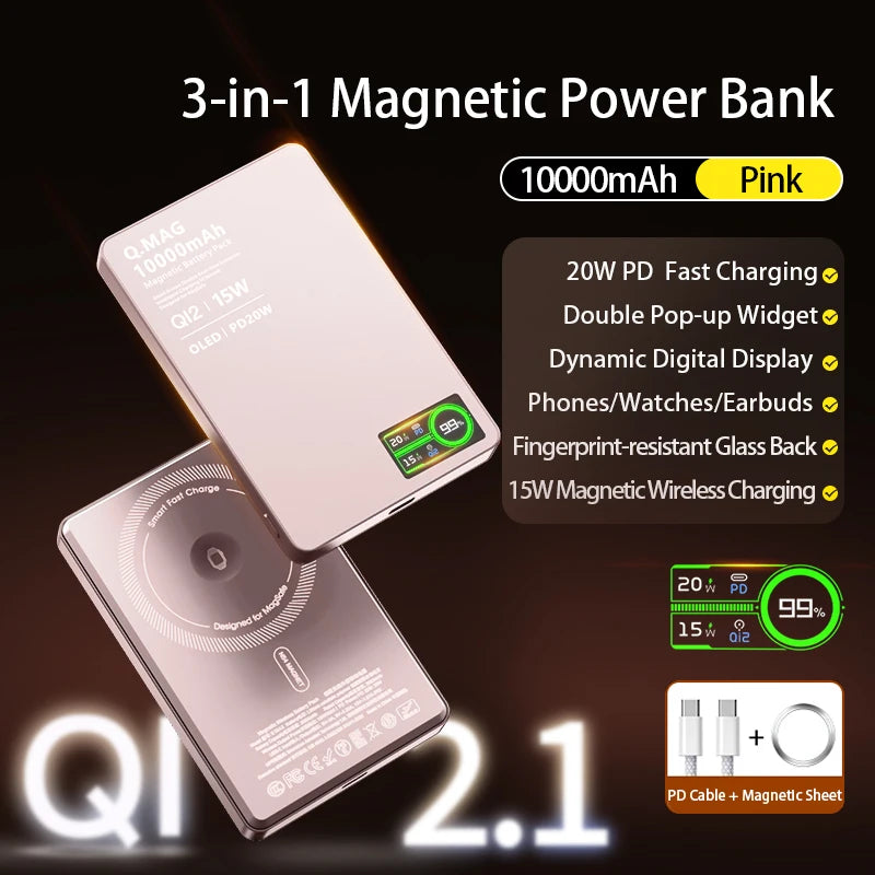 Magnetic Wireless Powerbank Qi 2.1 USB-C Fast Charging External Battery for iPhone 12-17 Pro Airpods Apple Watch Xiaomi 10000mAh Car Mobile World