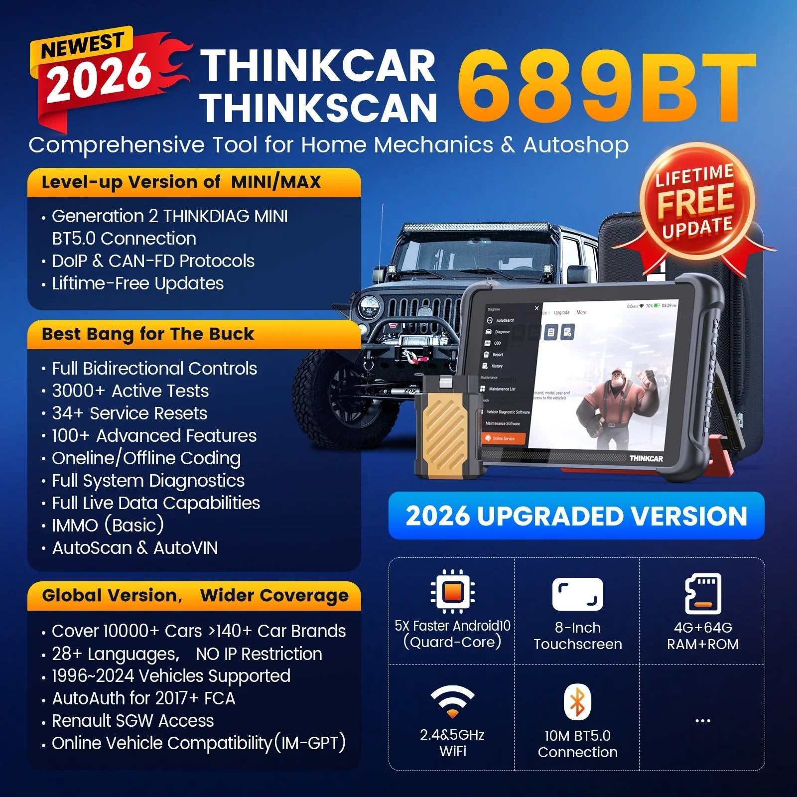 THINKCAR THINKSCAN 689BT Key Programming Automotive Diagnostic Tool Bi directional Obd2 Scanner ECU Coding CANFD DOIP 34 Resets Car Mobile World
