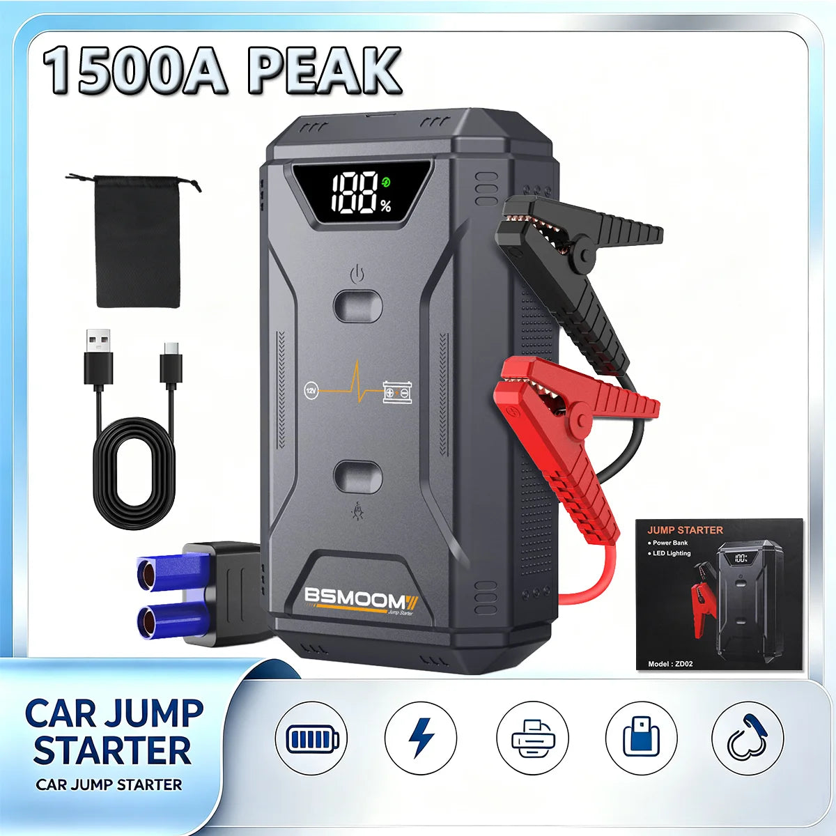 Portable Car Battery Jumper, 1500A Peak Car Jumper, 12V Portable Power Supply, Car Battery Jumper, Equipped with Smart Safety Jumper Cables, Includes 3-Mode LED Light