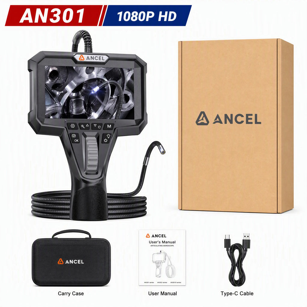 ANCEL AN302 Articulating Borescope 6.2mm Two-Way Rotary 360° Industrial Endoscope Camera for Car Pipe Inspection 4.3 Inch Screen