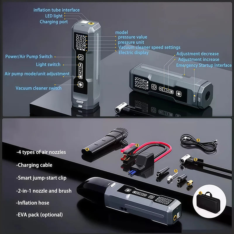 Vyvylabs Car Jump Starter Tire Inflator Vacuum Cleaner LED Emergency Light Portable Battery Booster 4-in-1 Roadside Rescue Tool