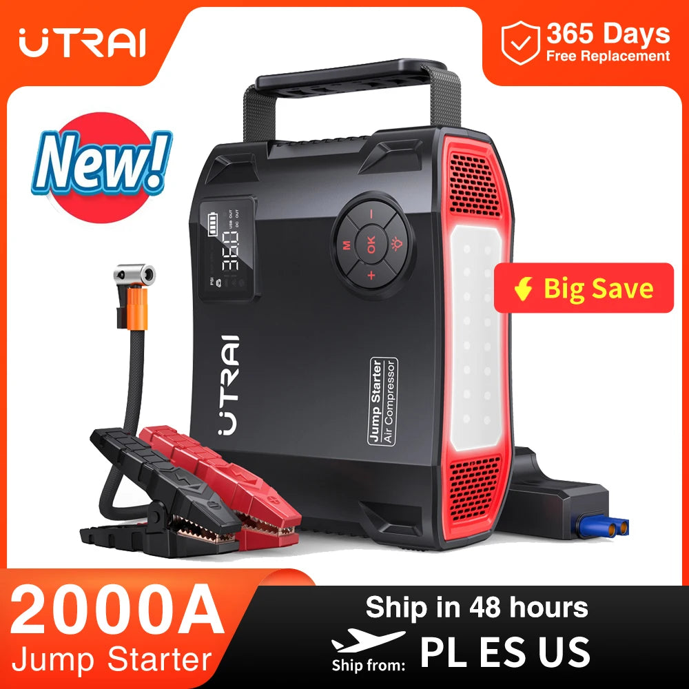 UTRAI 4 In 1 2000A Jump Starter Power Bank 16000mAh 150PSI Air Compressor Tire Pump Portable Charger Car Booster Starting Device CM World