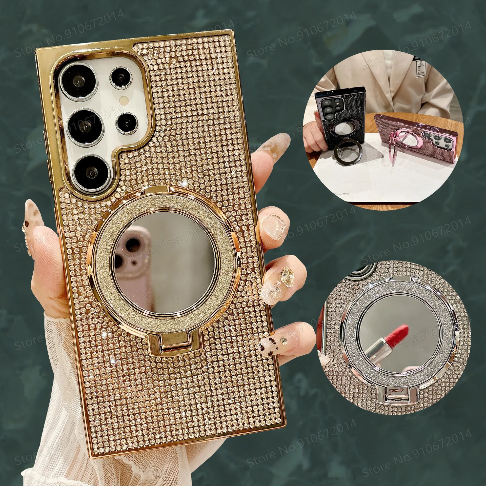 Glitter Stand Mirror Magnetic Cover For Samsung Galaxy S26 S25 Plus S22 S23 S24 Ultra Plating Folding Bracket Diamond Phone Case