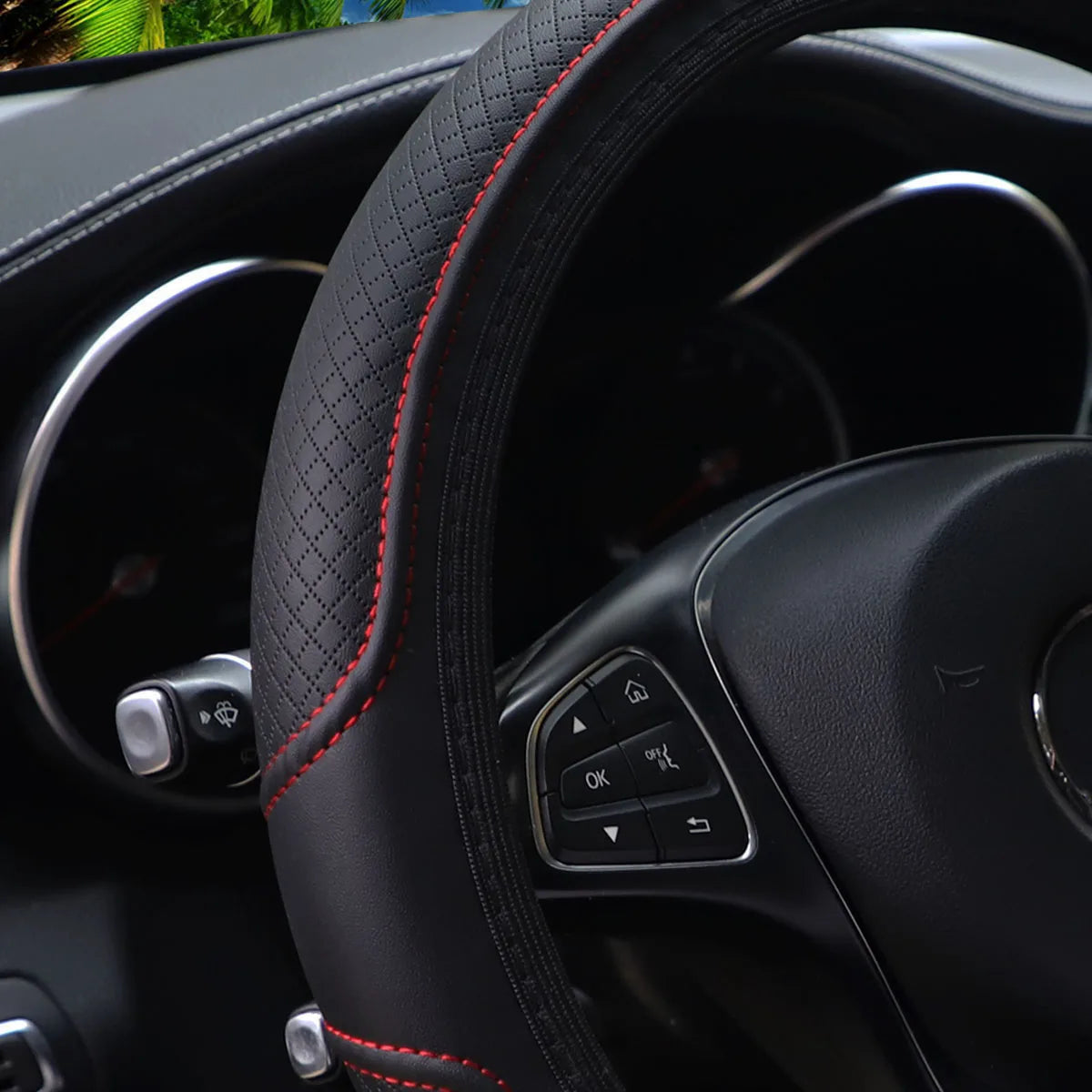 PU Leather Embossed Steering Wheel Cover 14.5-15 Inch round Rimless Design for All Seasons Men Women Cars CM World
